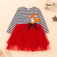 Girls Striped Cartoon Tulle Splicing Dress Wholesale Little Girl Clothes - PrettyKid