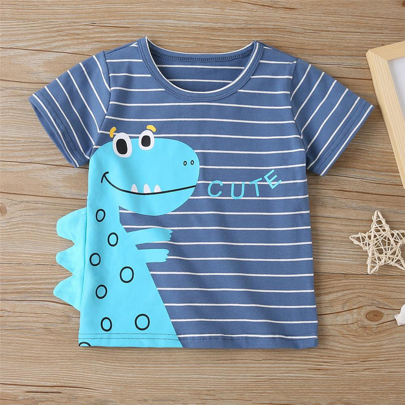 Boys Striped Dinosaur Letter Printed Short Sleeve T-Shirts Baby Boy Wholesale Boutique - PrettyKid