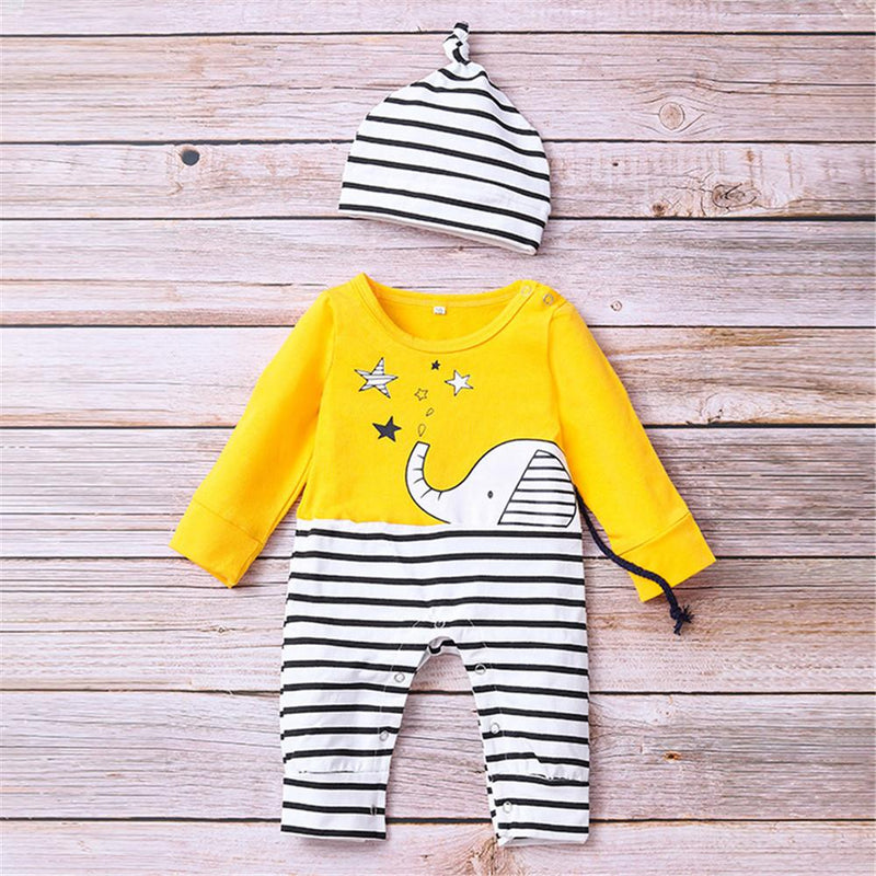 Baby Striped Elephant Cartoon Cute Romper & Hat - PrettyKid