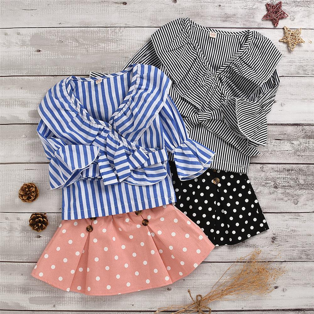 Toddler Girls Striped Flared Sleeve Blouse & Polka Dot Skirt Girls Wholesale - PrettyKid