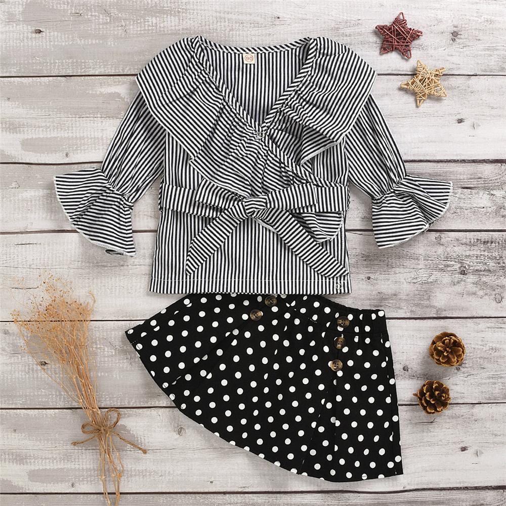 Toddler Girls Striped Flared Sleeve Blouse & Polka Dot Skirt Girls Wholesale - PrettyKid