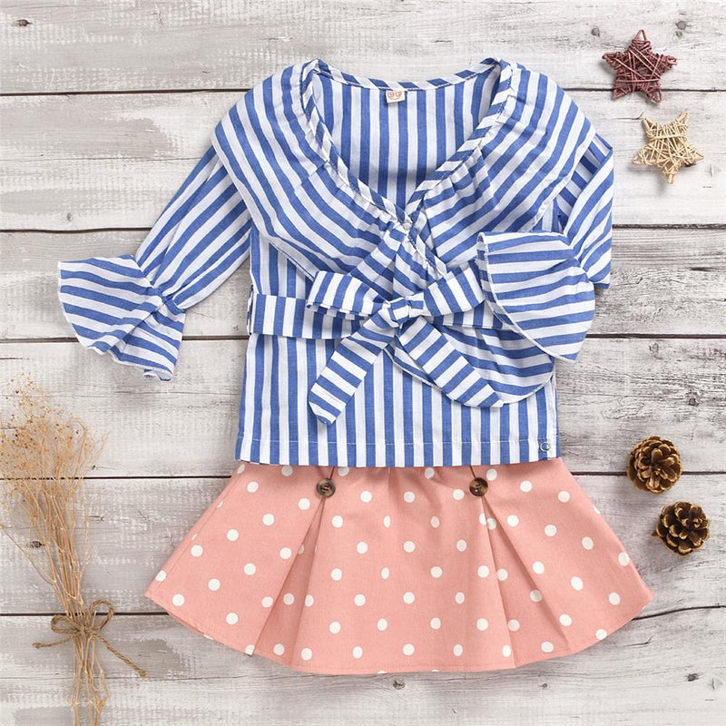 Toddler Girls Striped Flared Sleeve Blouse & Polka Dot Skirt Girls Wholesale - PrettyKid