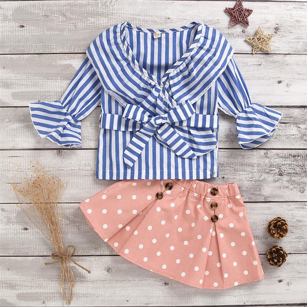 Toddler Girls Striped Flared Sleeve Blouse & Polka Dot Skirt Girls Wholesale - PrettyKid