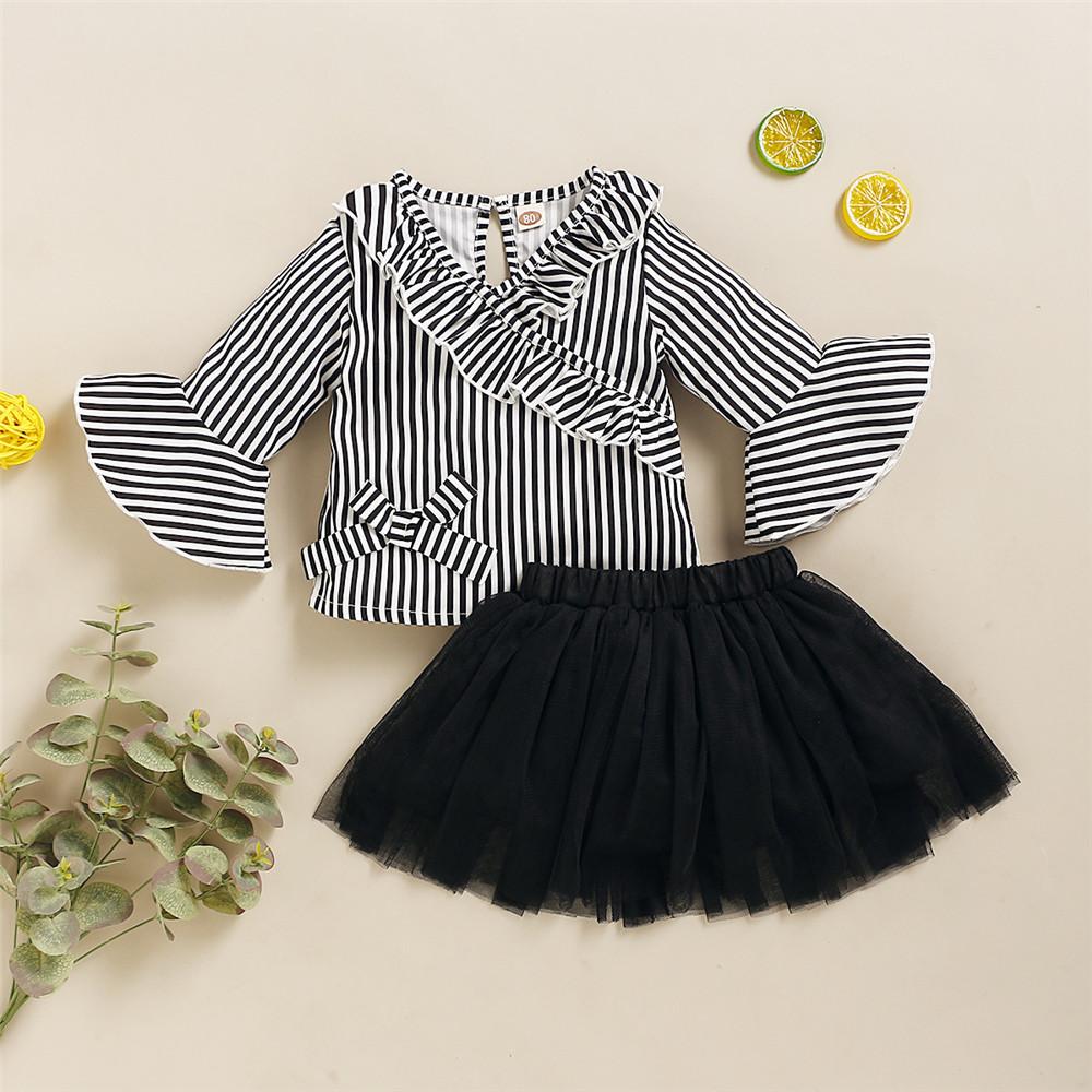 Girls Striped Flared Sleeve Blouse & Tulle Skirt - PrettyKid