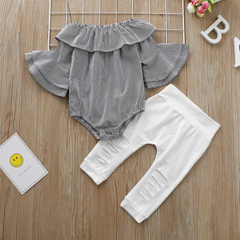 Baby Girls Striped Flared Sleeve Top & Solid Ripped Pants Cheap Baby Clothes In Bulk - PrettyKid