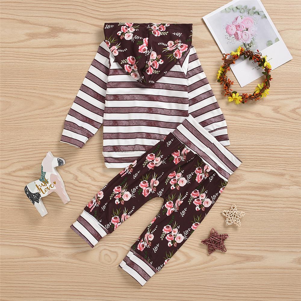 Baby Girls Striped Floral Printed Hooded Top & Pants Wholesale Girls - PrettyKid