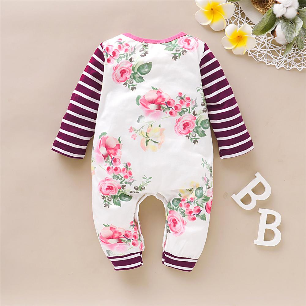Baby Girls Striped Floral Printed Romper Baby Boutique Wholesale - PrettyKid