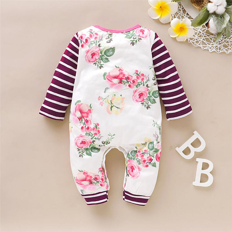 Baby Girls Striped Floral Printed Romper Baby Boutique Wholesale - PrettyKid