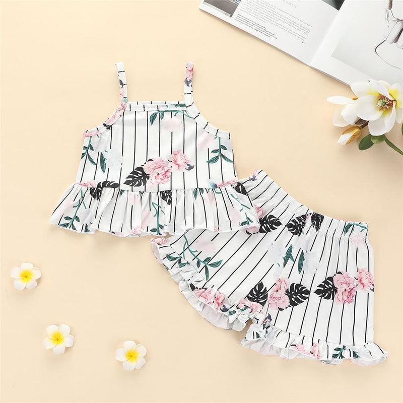 Baby Girls Striped Floral Printed Sling Top & Shorts Wholesale Designer Baby clothing - PrettyKid