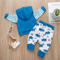 Boys Striped Hippo Printed Hooded Long Sleeve Tops & Pants - PrettyKid