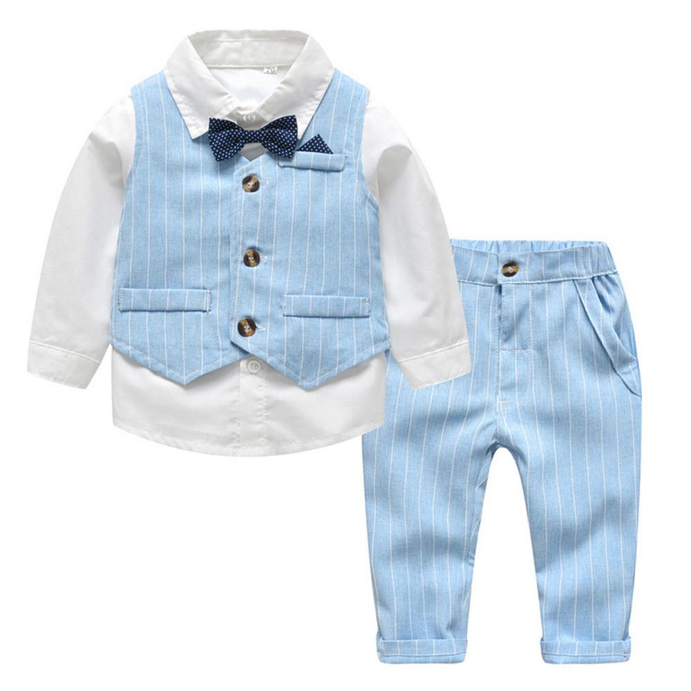 Boys Striped Lapel Tie Long Sleeve Shirt & Outwear & Pants - PrettyKid