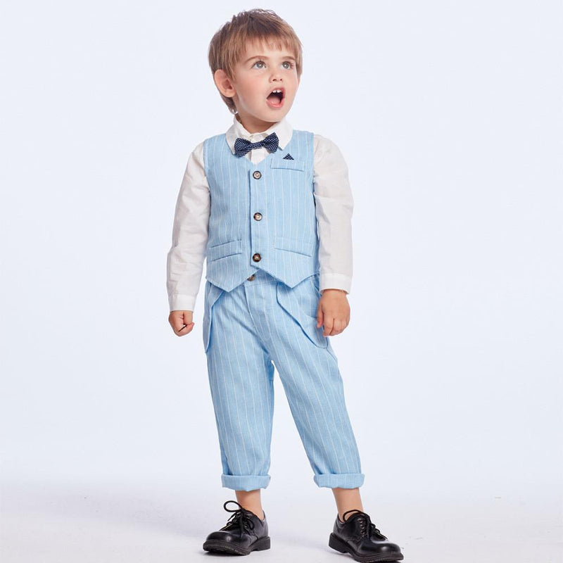 Boys Striped Lapel Tie Long Sleeve Shirt & Outwear & Pants - PrettyKid