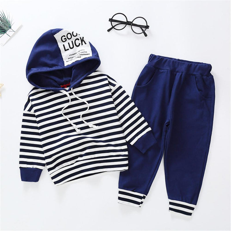 Boys Striped Letter Printed Hooded Long Sleeve Jumper & Trousers - PrettyKid
