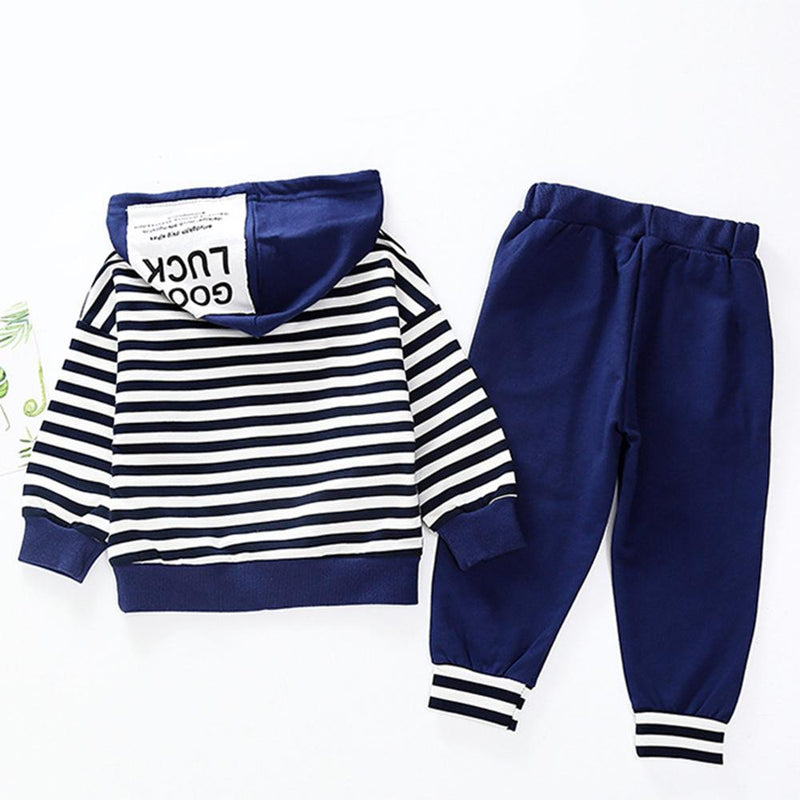 Boys Striped Letter Printed Hooded Long Sleeve Jumper & Trousers - PrettyKid