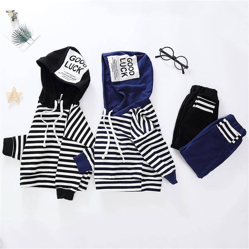 Boys Striped Letter Printed Hooded Long Sleeve Jumper & Trousers - PrettyKid