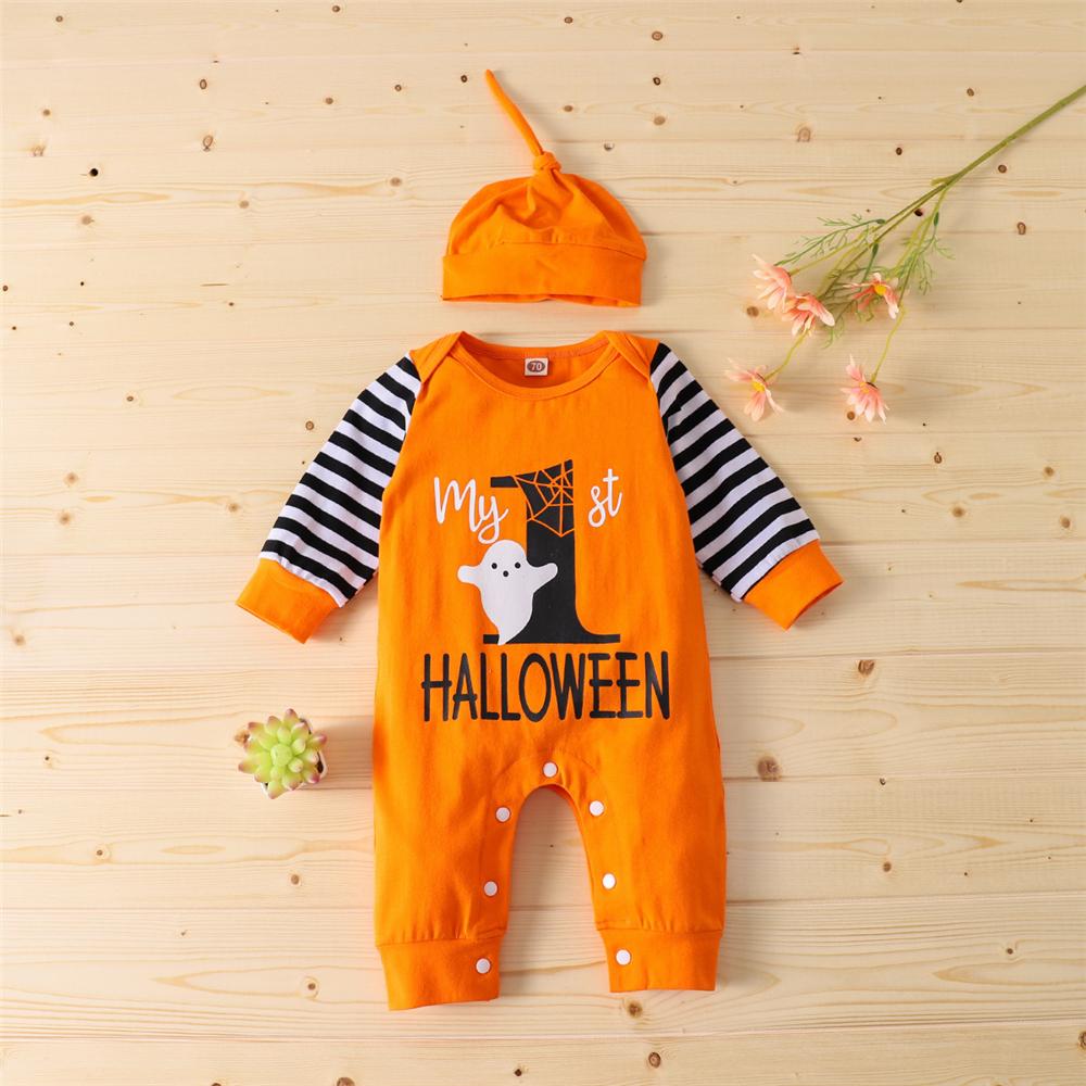 Baby Boys Halloween Striped Letter Printed Romper & Hat Baby Wholesales - PrettyKid