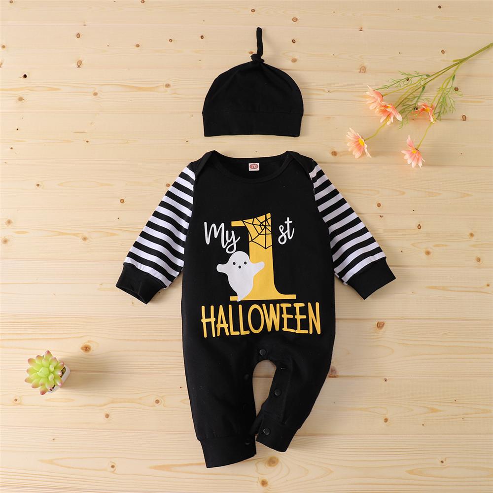 Baby Boys Halloween Striped Letter Printed Romper & Hat Baby Wholesales - PrettyKid