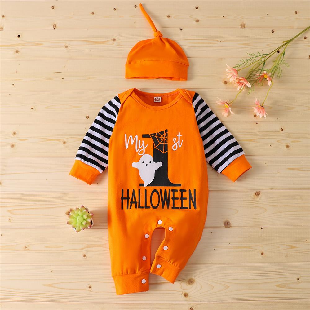 Baby Boys Halloween Striped Letter Printed Romper & Hat Baby Wholesales - PrettyKid