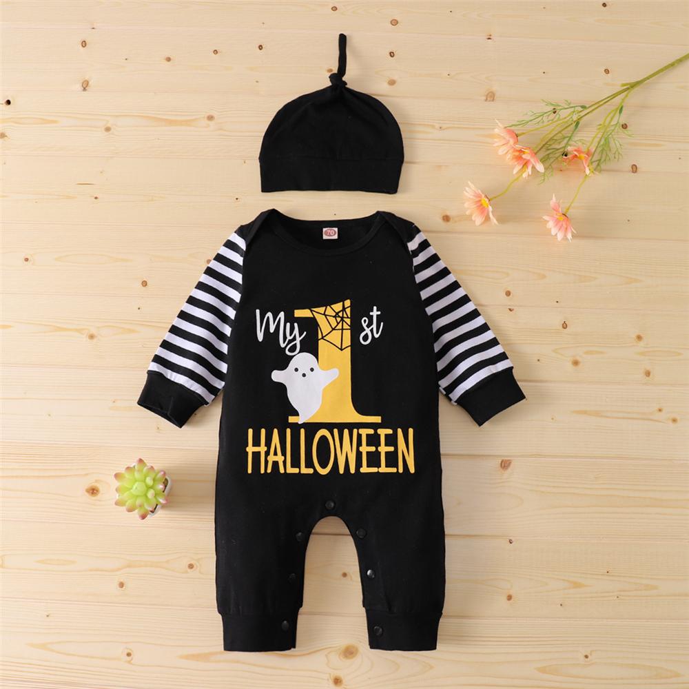 Baby Boys Halloween Striped Letter Printed Romper & Hat Baby Wholesales - PrettyKid