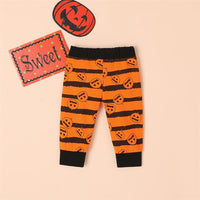 Baby Striped Letter Pumpkin Halloween Romper & Pants & Hat - PrettyKid