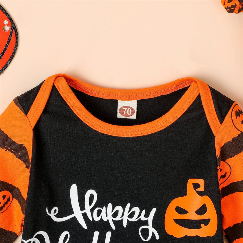 Baby Striped Letter Pumpkin Halloween Romper & Pants & Hat - PrettyKid