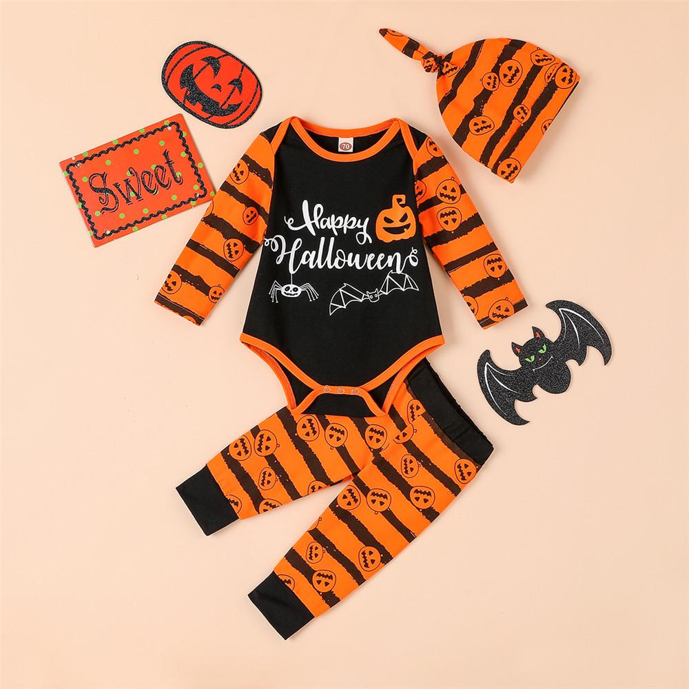 Baby Striped Letter Pumpkin Halloween Romper & Pants & Hat - PrettyKid