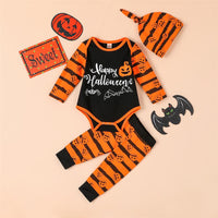 Baby Striped Letter Pumpkin Halloween Romper & Pants & Hat - PrettyKid