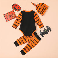 Baby Striped Letter Pumpkin Halloween Romper & Pants & Hat - PrettyKid