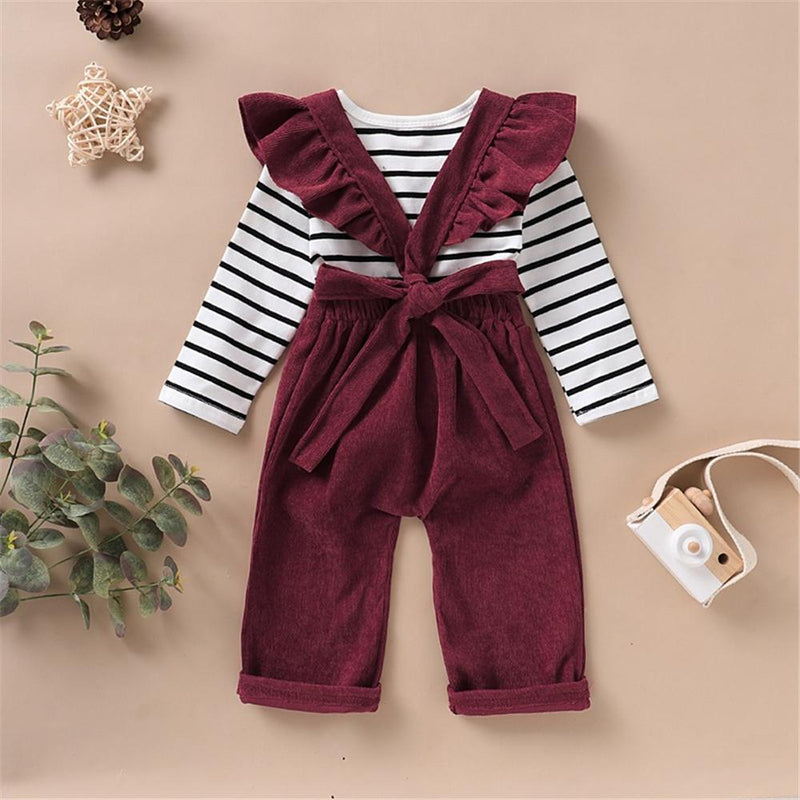 Girls Striped Long Sleeve Casual Top & Solid Color Jumpsuit Kids Fashion Wholesale - PrettyKid