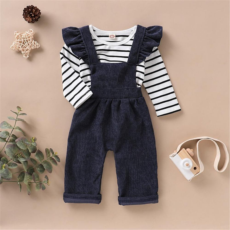 Girls Striped Long Sleeve Casual Top & Solid Color Jumpsuit Kids Fashion Wholesale - PrettyKid