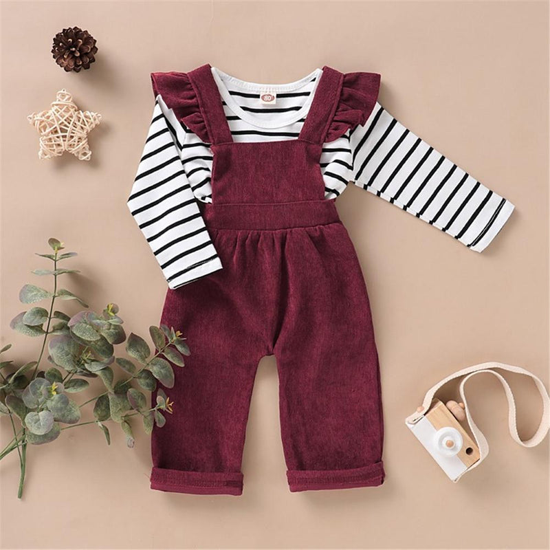 Girls Striped Long Sleeve Casual Top & Solid Color Jumpsuit Kids Fashion Wholesale - PrettyKid