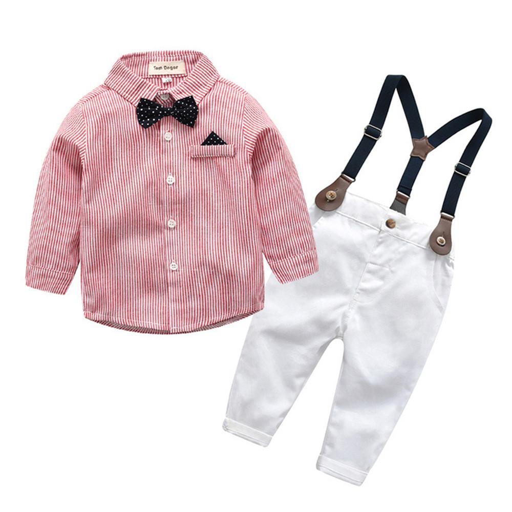 Boys Striped Long Sleeve Lapel Tie Shirt & Pants - PrettyKid