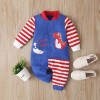 Dinosaur Baby Boys Striped Long Sleeve Letter Romper - PrettyKid