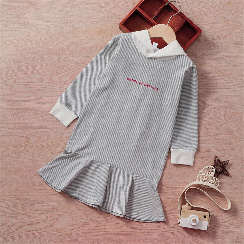 Girls Striped Long Sleeve Letter Printed Hooded Fishtail Dress Wholesale Girls - PrettyKid