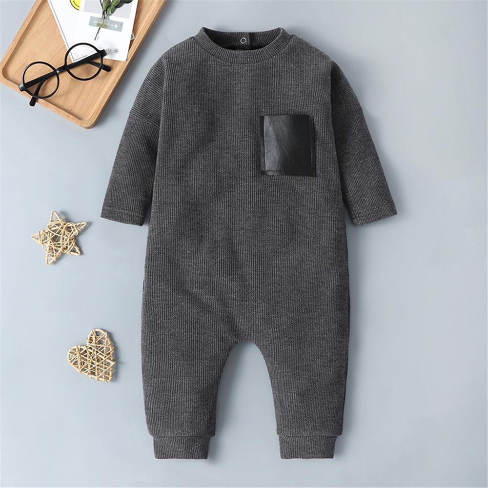 Baby Striped Long Sleeve Solid Color Pocket Romper - PrettyKid