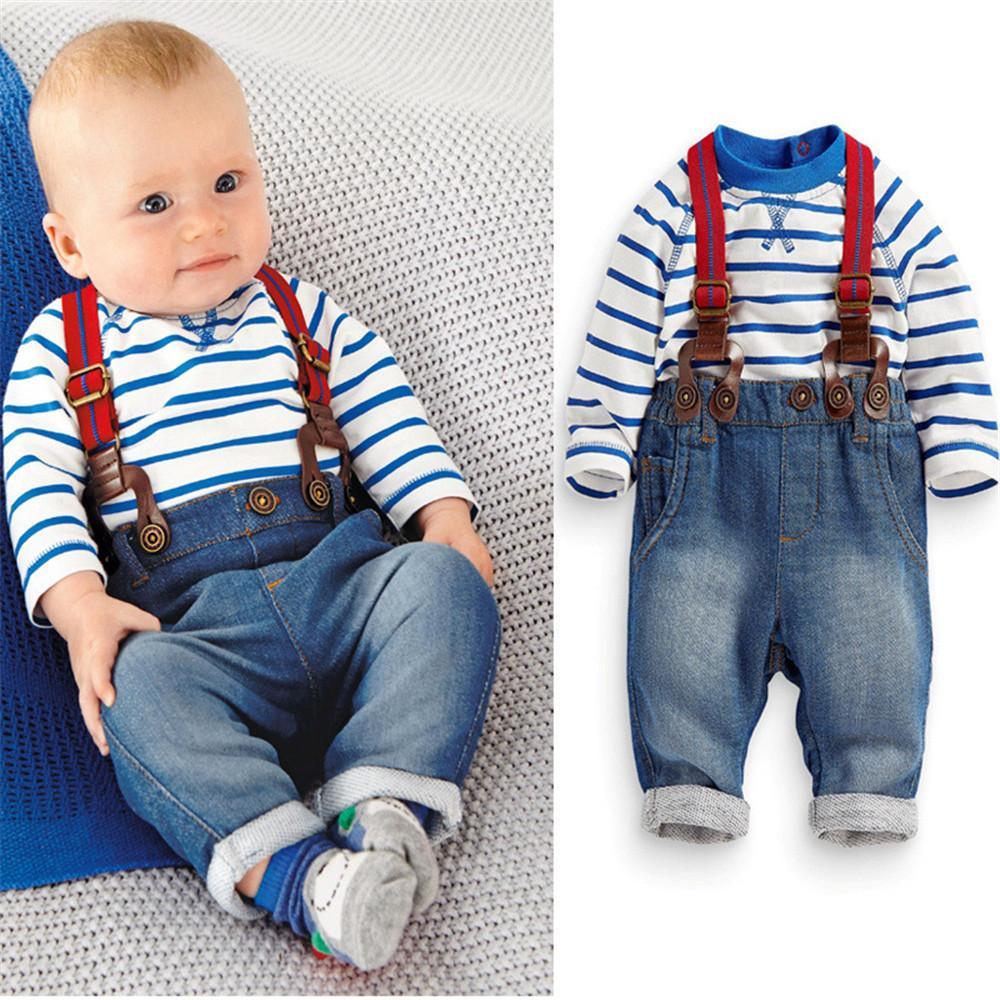 Boys Striped Long Sleeve Solid Top & Overalls - PrettyKid