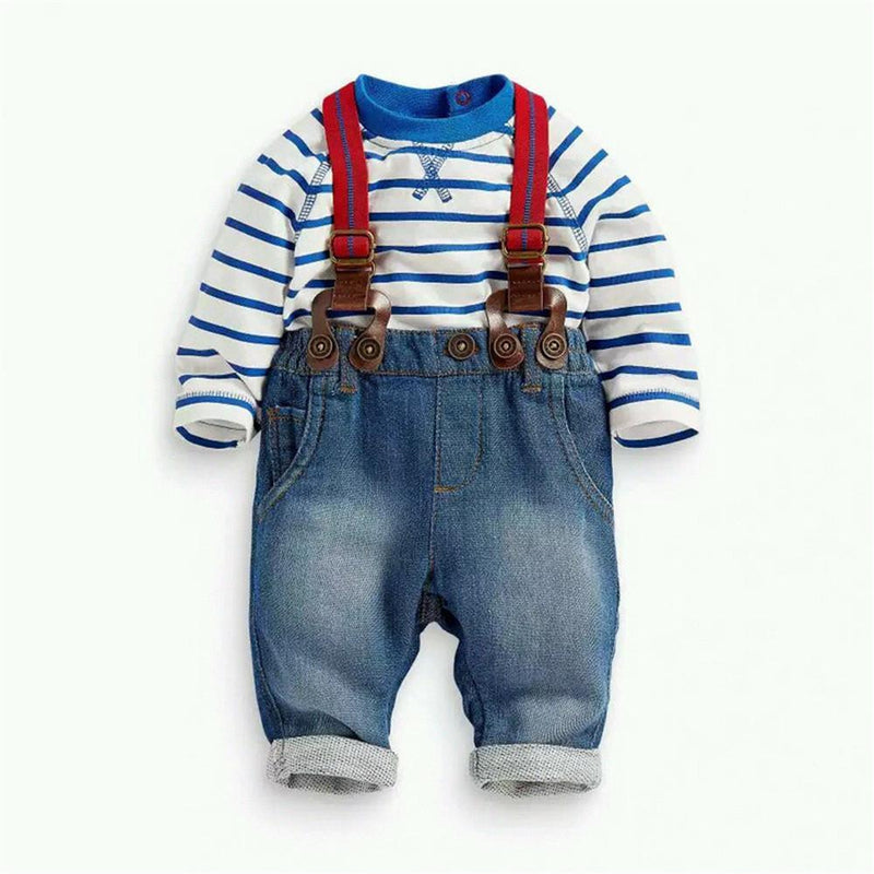 Boys Striped Long Sleeve Solid Top & Overalls - PrettyKid