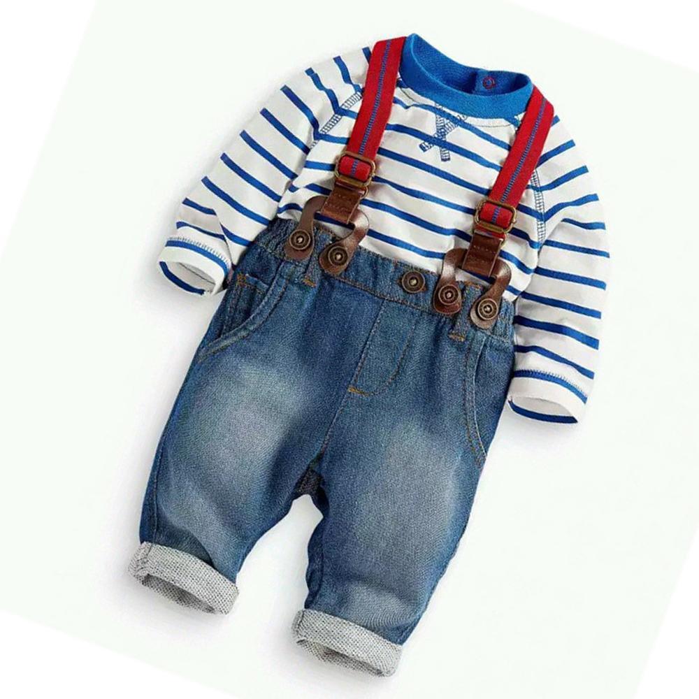 Boys Striped Long Sleeve Solid Top & Overalls - PrettyKid