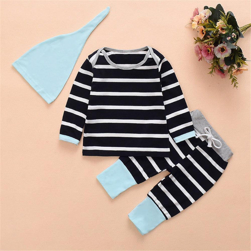 Boys Striped Long Sleeve Striped Casual Tops & Pants & Hat - PrettyKid