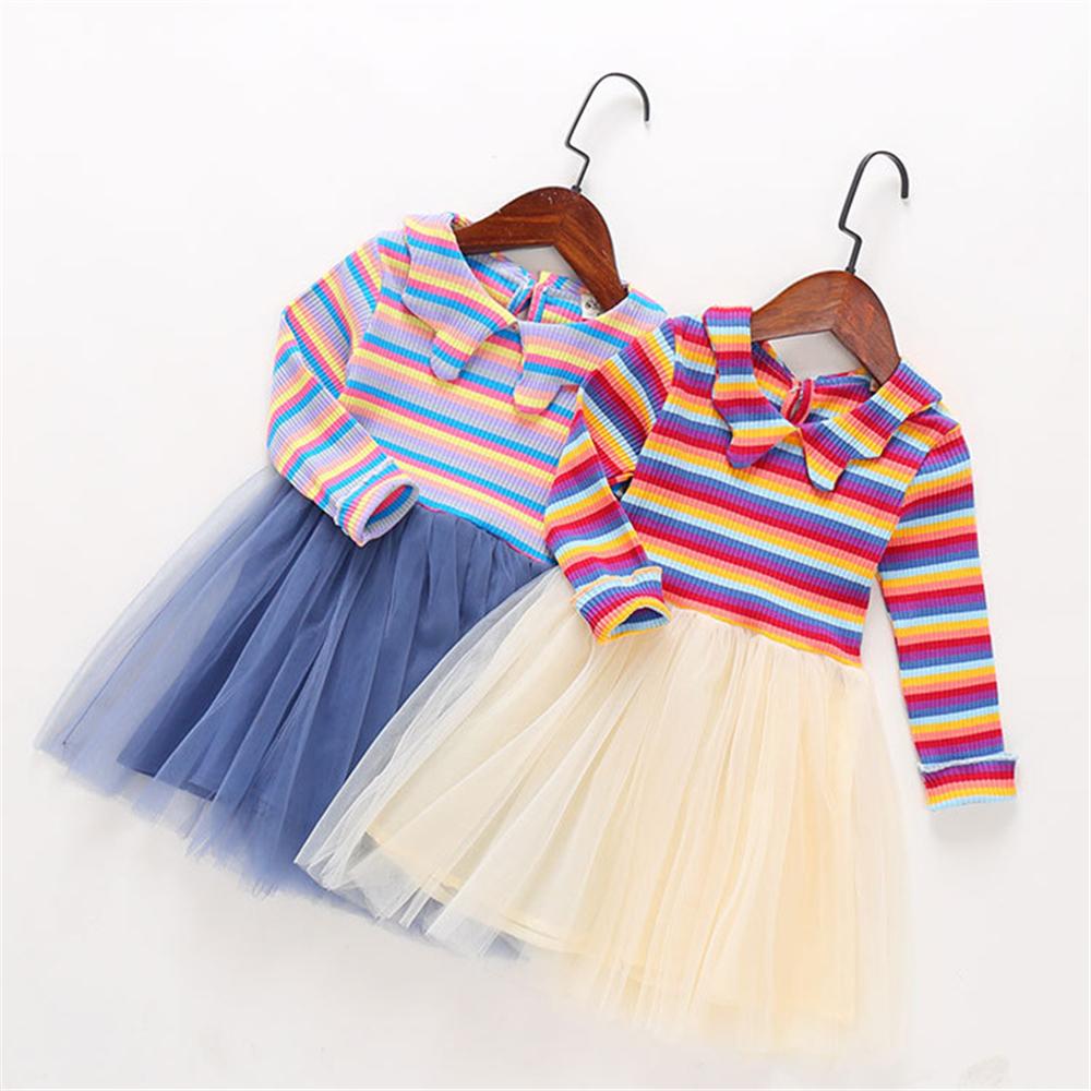 Girls Striped Long Sleeve Tulle Princess Dress Girls Dress Wholesale - PrettyKid