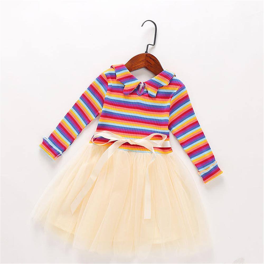 Girls Striped Long Sleeve Tulle Princess Dress Girls Dress Wholesale - PrettyKid