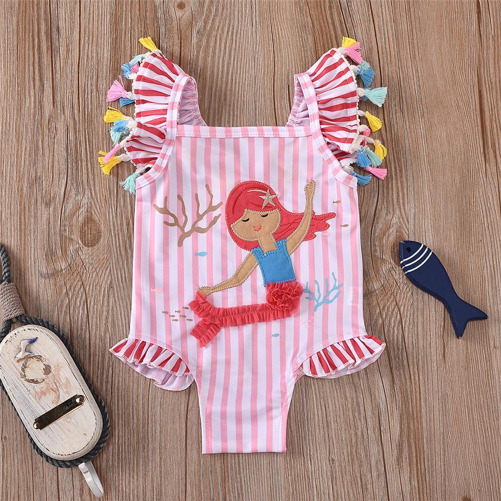 Girls Striped Mermaid Printed Sleeveless One Piece Swimwear Toddler One Piece Swimsuit - PrettyKid