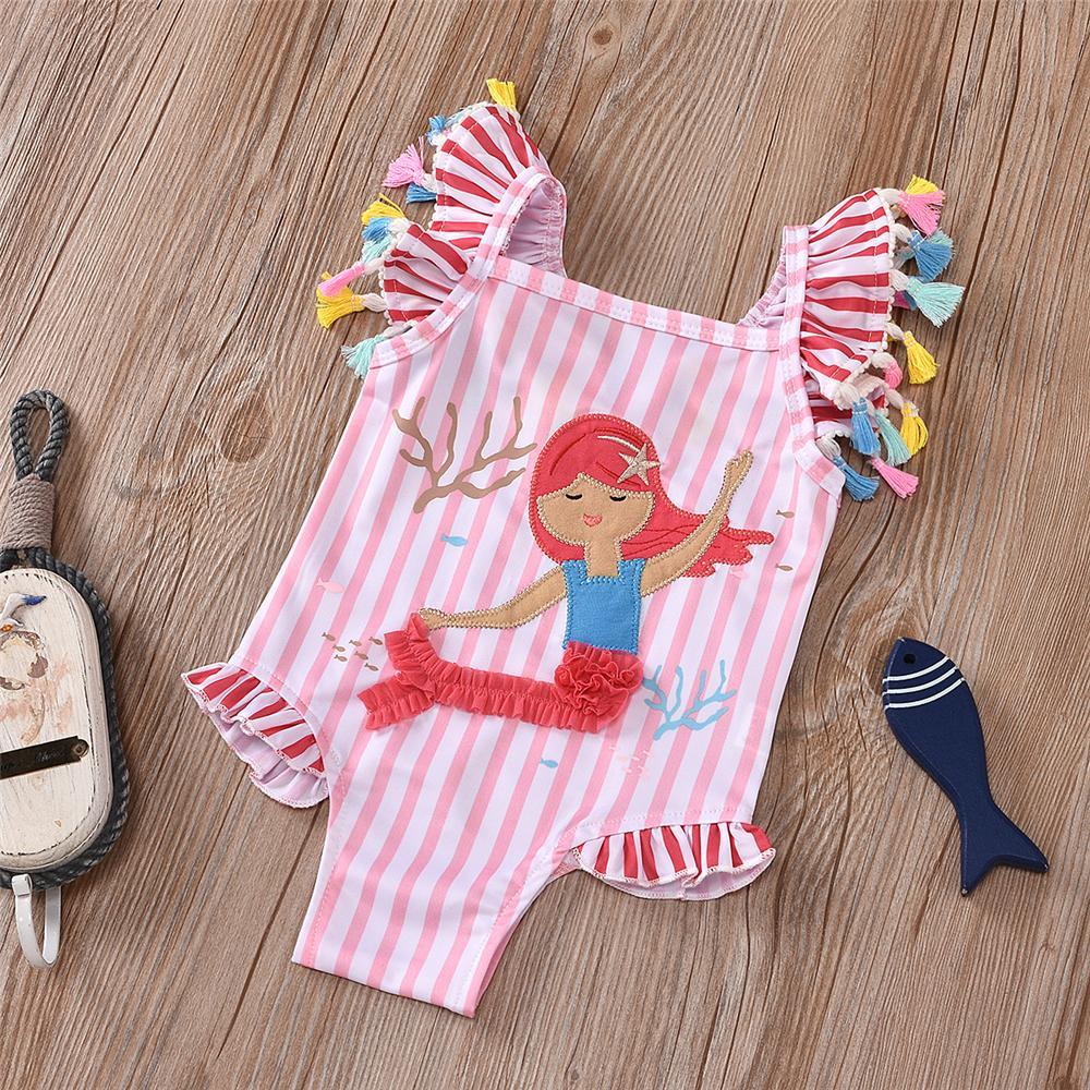 Girls Striped Mermaid Printed Sleeveless One Piece Swimwear Toddler One Piece Swimsuit - PrettyKid