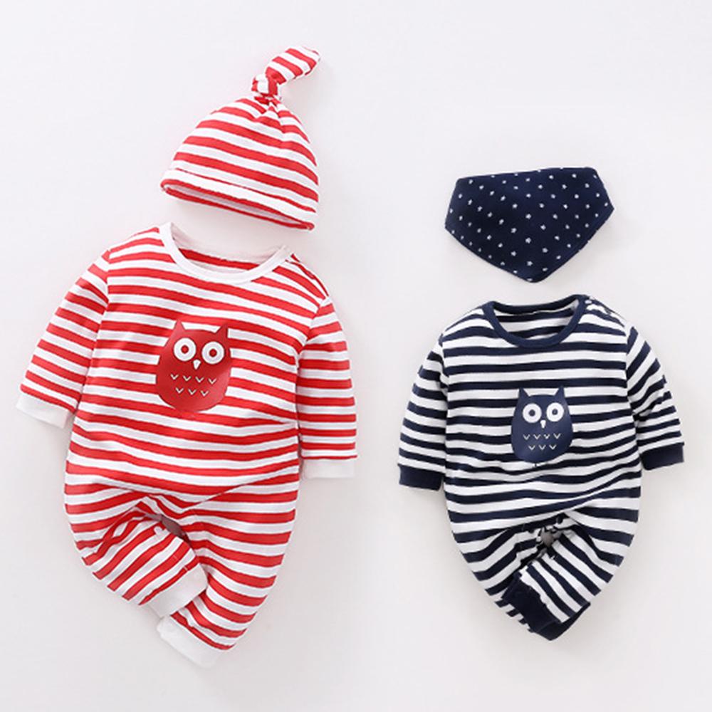 Baby Striped Owl Long Sleeve Romper & Hat & Bib - PrettyKid
