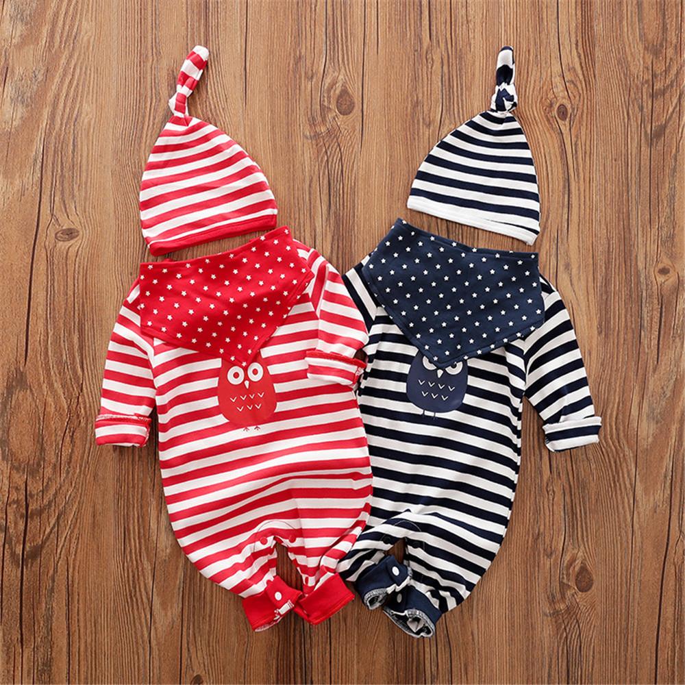 Baby Striped Owl Long Sleeve Romper & Hat & Bib - PrettyKid