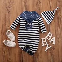 Baby Striped Owl Long Sleeve Romper & Hat & Bib - PrettyKid