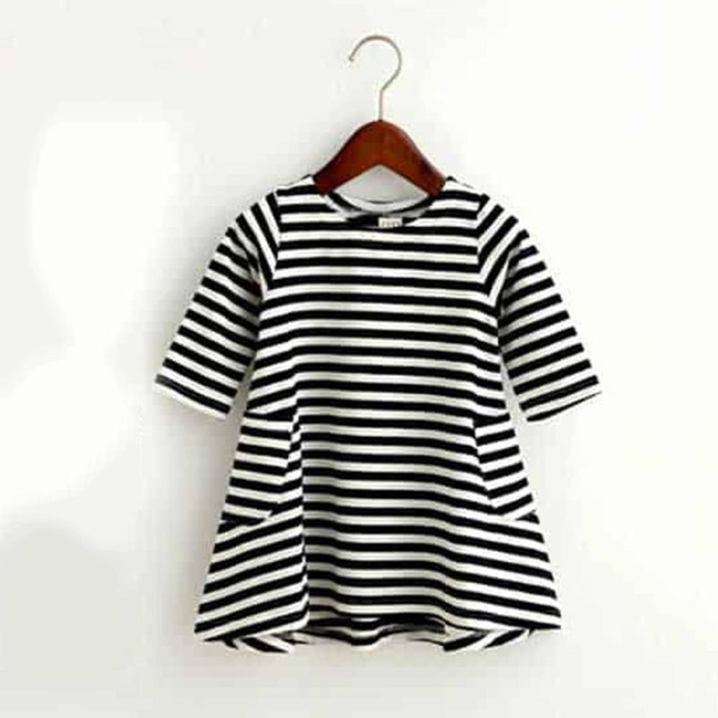 Girls Striped Pocket Long Sleeve Casual Dress - PrettyKid