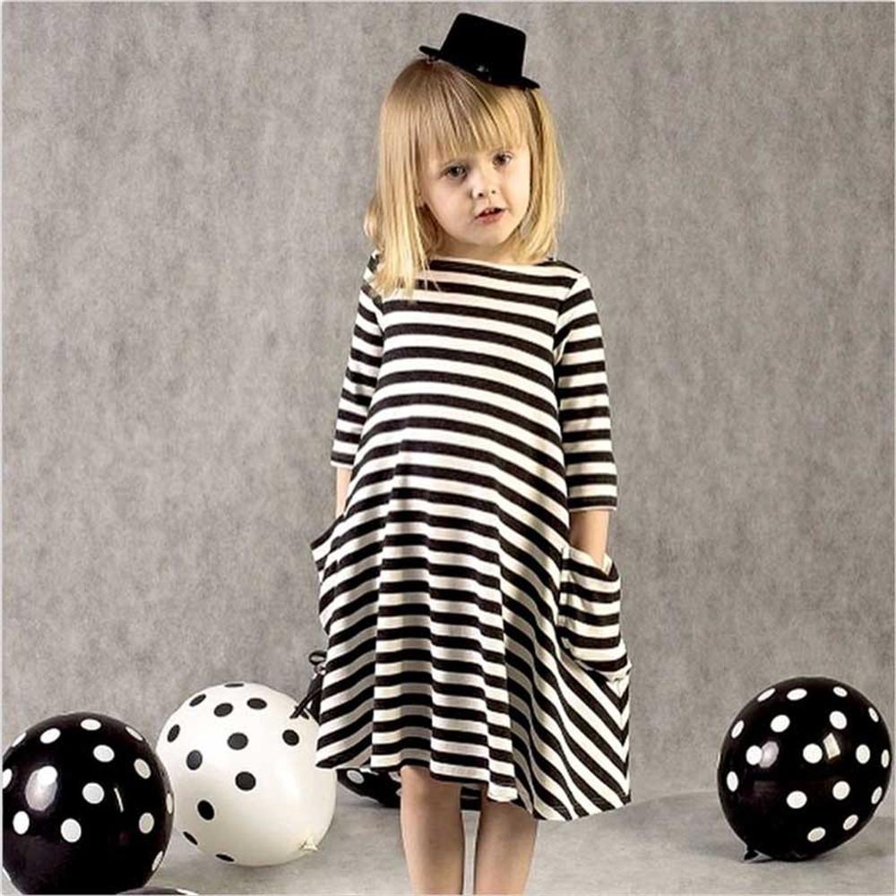 Girls Striped Pocket Long Sleeve Casual Dress - PrettyKid