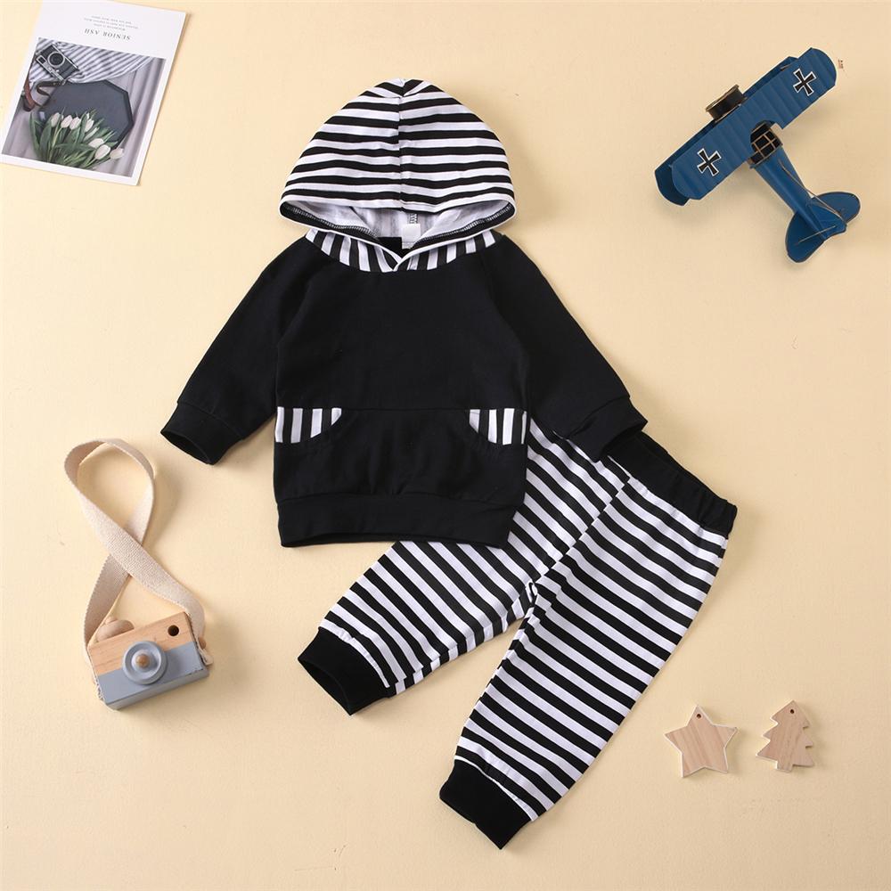 Baby Boys Striped Pocket Long Sleeve Hooded Top & Pants Baby Wholesale Clothing - PrettyKid
