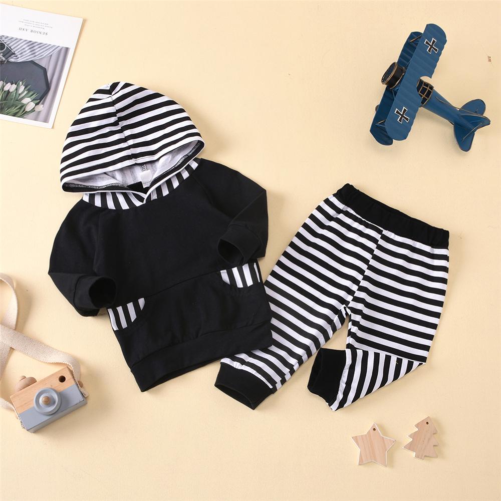 Baby Boys Striped Pocket Long Sleeve Hooded Top & Pants Baby Wholesale Clothing - PrettyKid